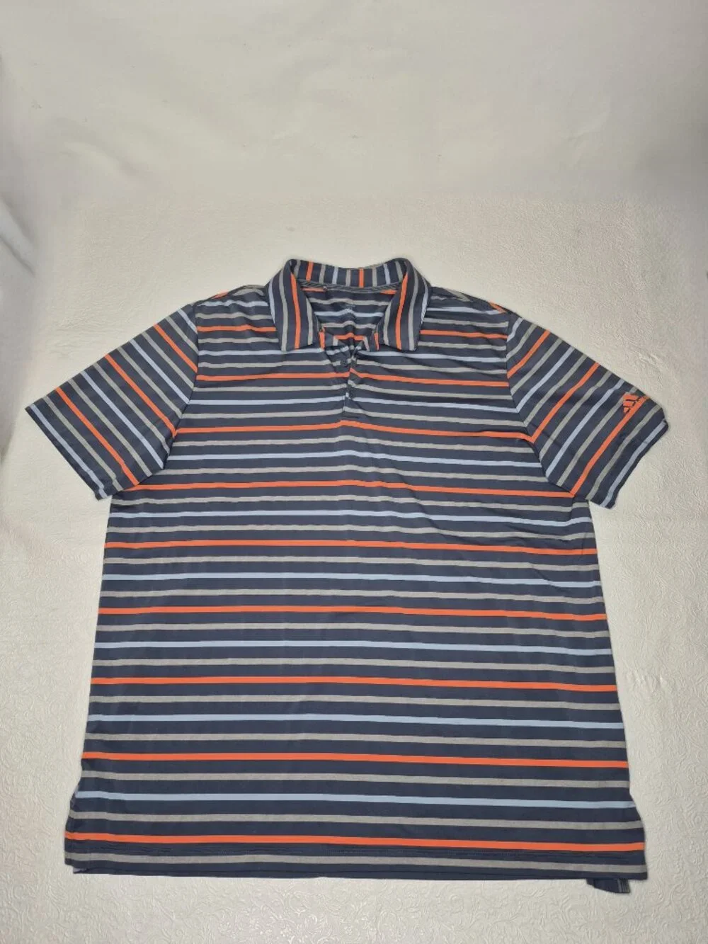 Adidas Mens XL Short Sleeve Stretchy Striped Logo Polo Shirt Blue Gray Orange